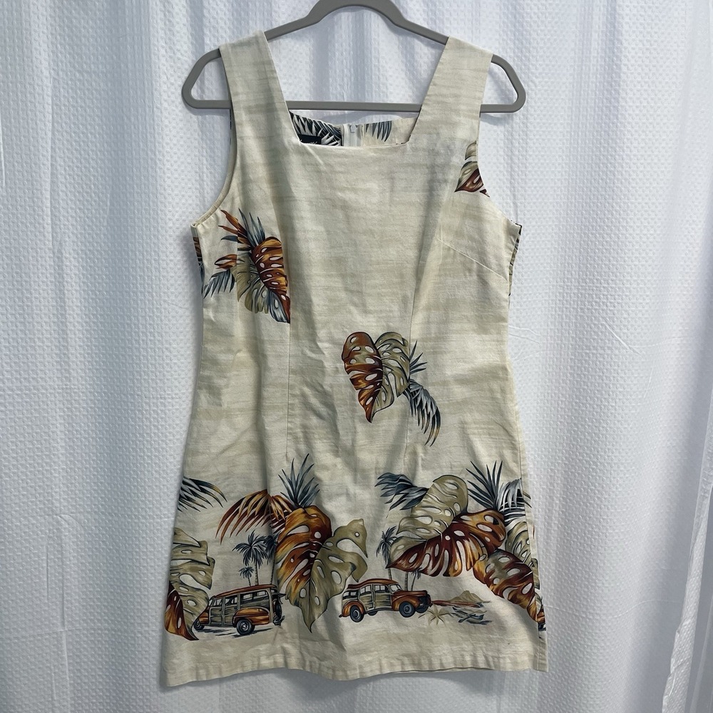 Vtg Shannon Marie Beige Tropical Floral Surfer Print Sheath Dress USA Large